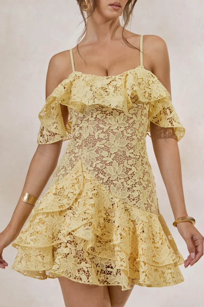 Lyris | Limón Vestido Corto de Encaje con Volantes - Imagen 4