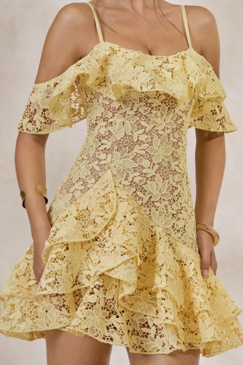 Lyris | Limón Vestido Corto de Encaje con Volantes - Imagen 7