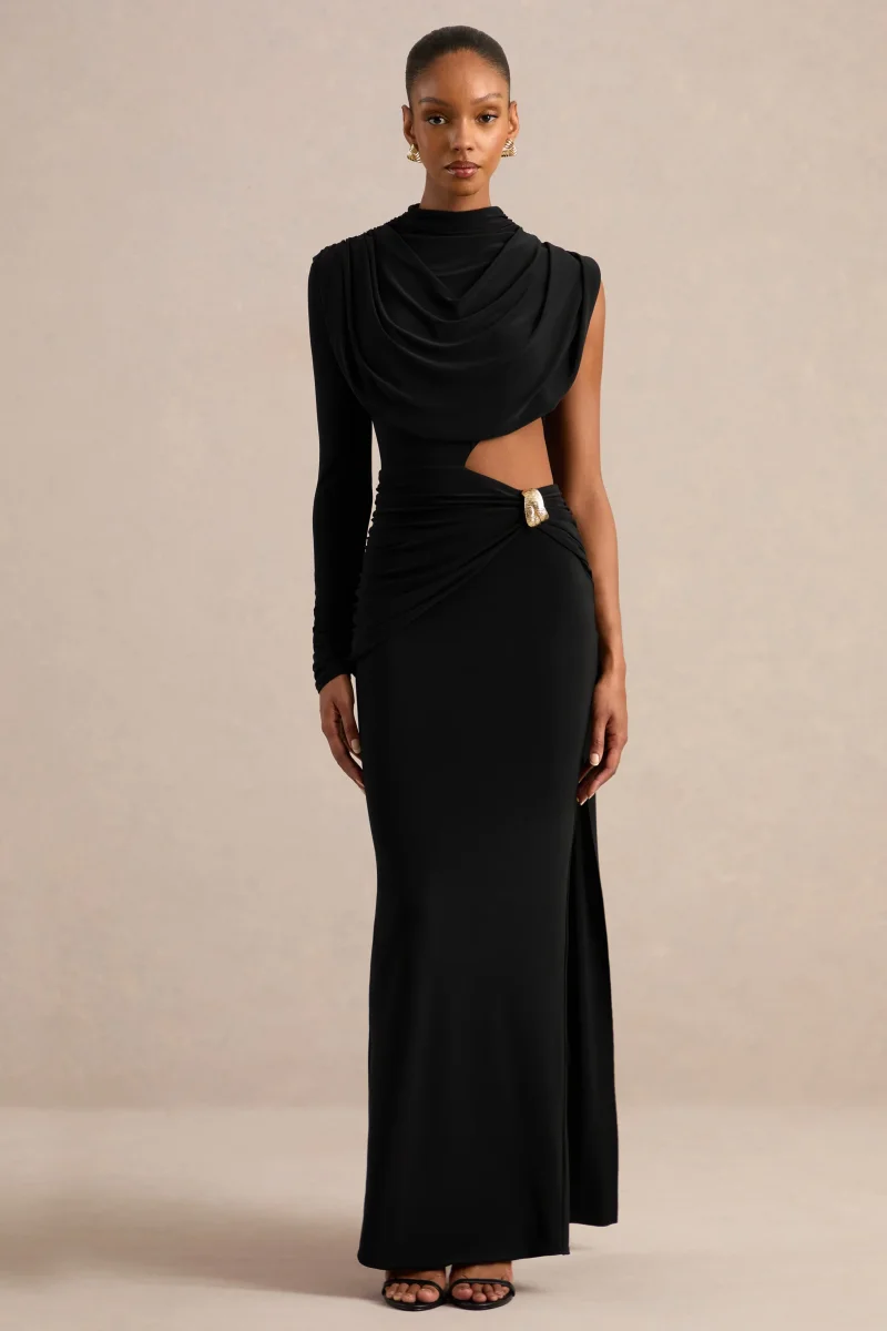 Esmaria | Vestido Largo Negro Con Cuello Alto, Detalle Dorado Y Fular