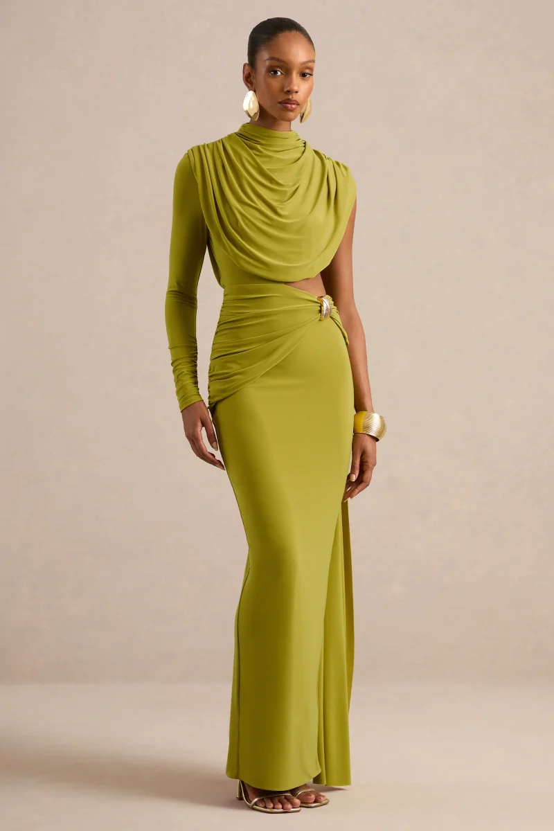 Esmaria | Vestido Largo Verde Oliva De Cuello Alto Con Detalle Dorado Y Fajín - Imagen 5