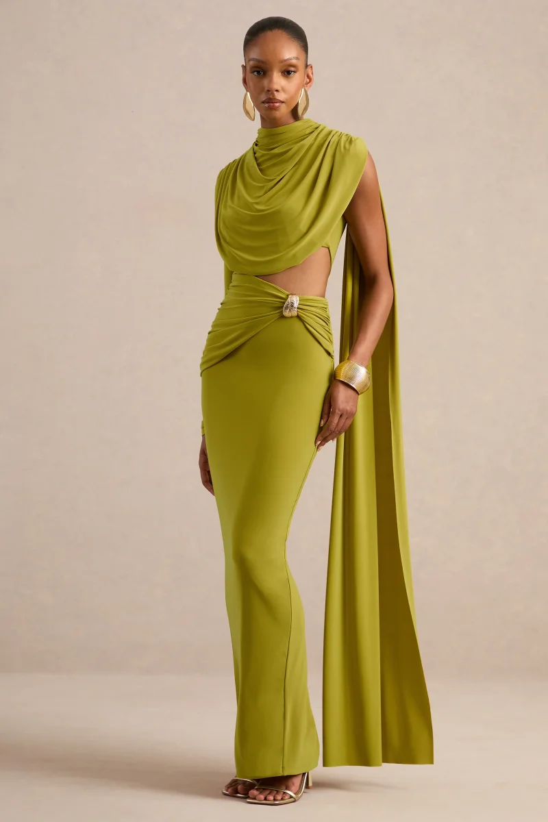 Esmaria | Vestido Largo Verde Oliva De Cuello Alto Con Detalle Dorado Y Fajín - Imagen 6