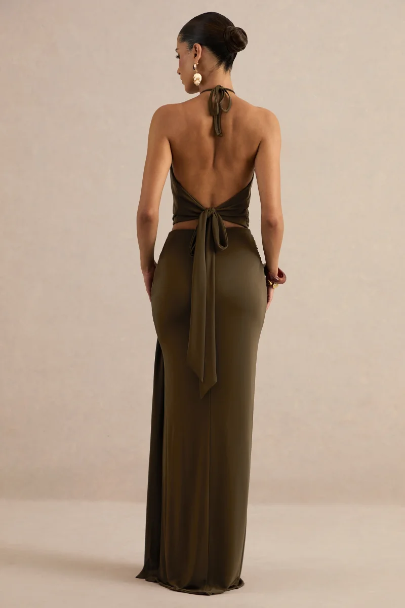 Liviana | Top caqui con escote halter, detalle fruncido y detalle dorado - Imagen 3