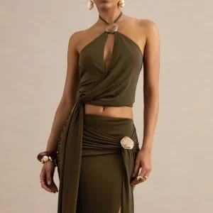 Liviana | Top caqui con escote halter, detalle fruncido y detalle dorado