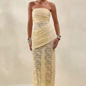 Lalita | Vestido Largo Limón de Encaje y Satén Bandeau con Detalle Cruzado
