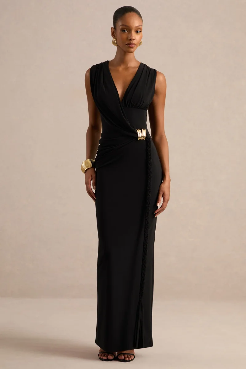 Nalina | Vestido largo negro con escote pronunciado frunces y detalle dorado - Imagen 2