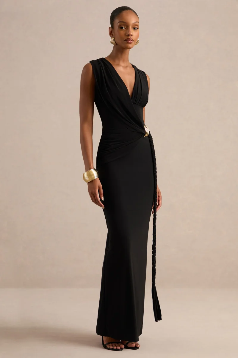 Nalina | Vestido largo negro con escote pronunciado frunces y detalle dorado - Imagen 5