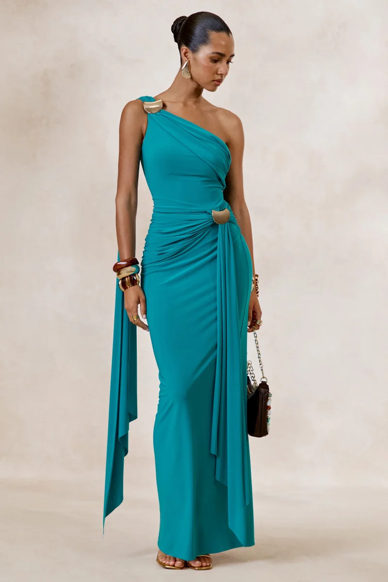 Sariah | Vestido Largo Verde Azulado Con Escote Asimétrico, Fruncido Y Detalles Dorados