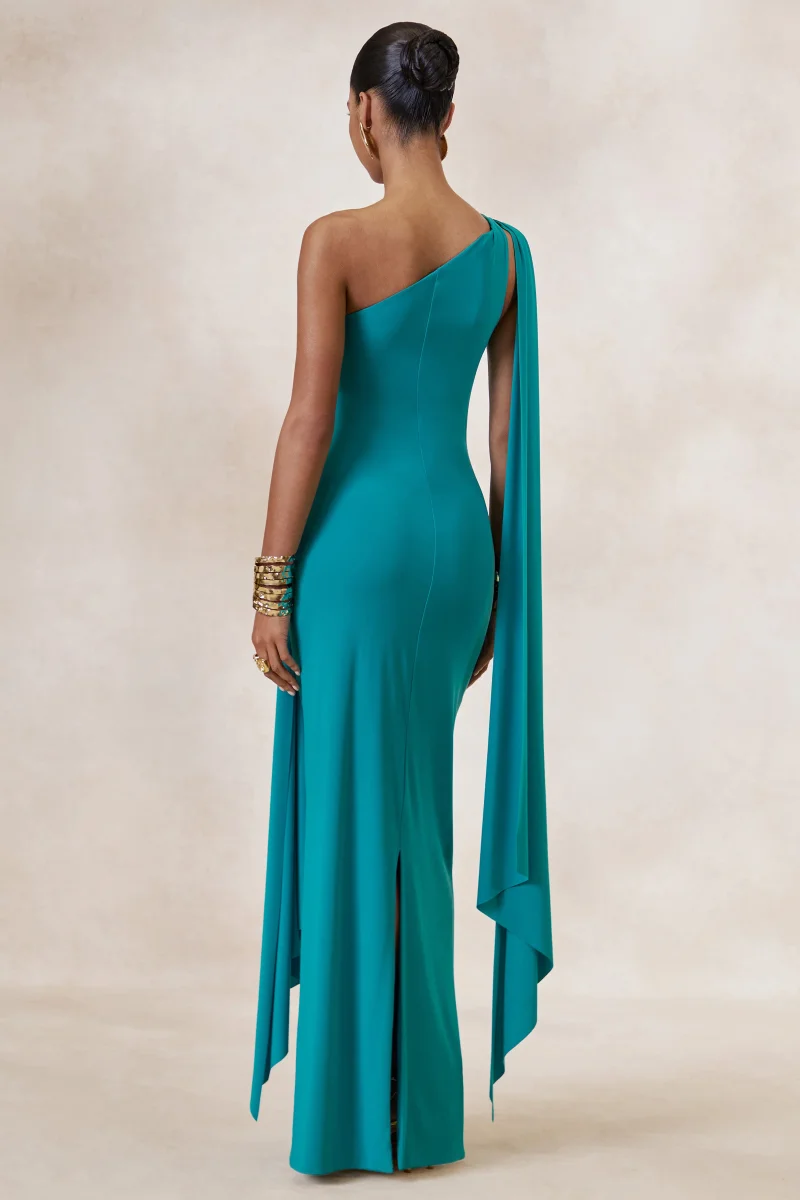 Sariah | Vestido Largo Verde Azulado Con Escote Asimétrico, Fruncido Y Detalles Dorados - Imagen 3