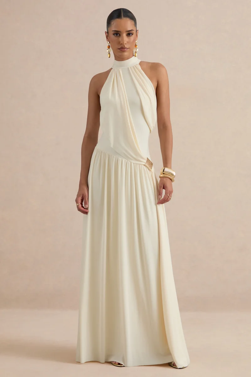 Sibel | Vestido Largo Crudo Cuello Alto Con Detalle Drapeado - Imagen 5
