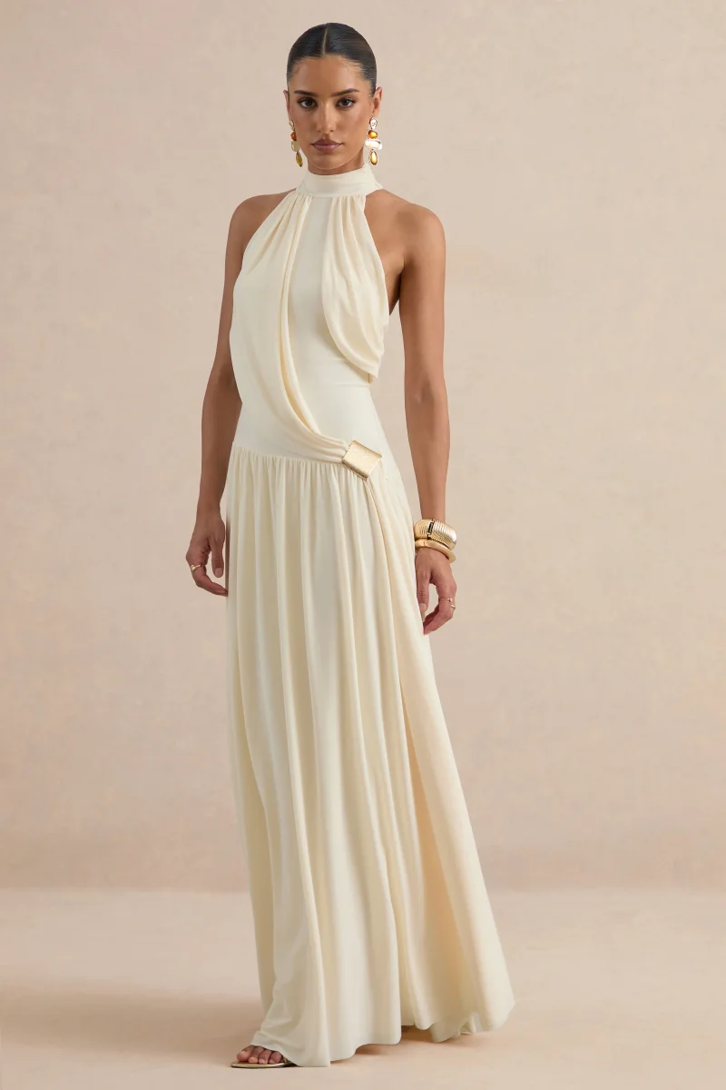Sibel | Vestido Largo Crudo Cuello Alto Con Detalle Drapeado - Imagen 3