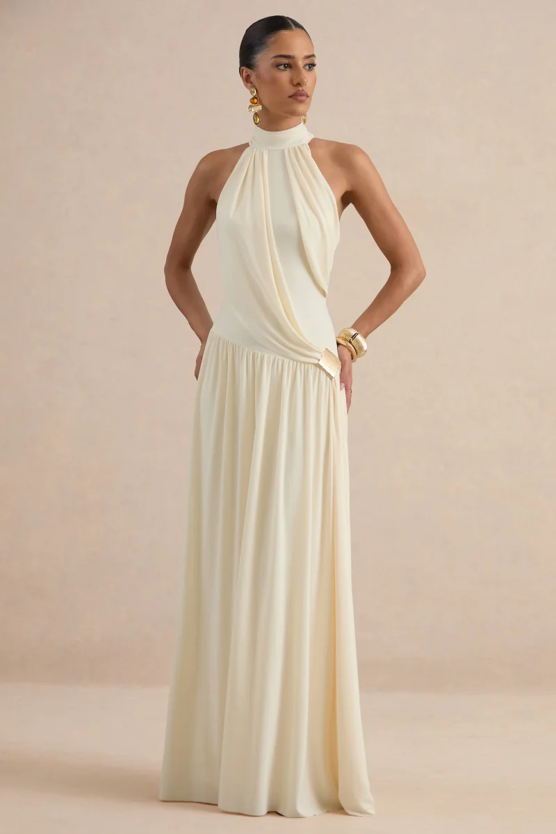 Sibel | Vestido Largo Crudo Cuello Alto Con Detalle Drapeado - Imagen 7