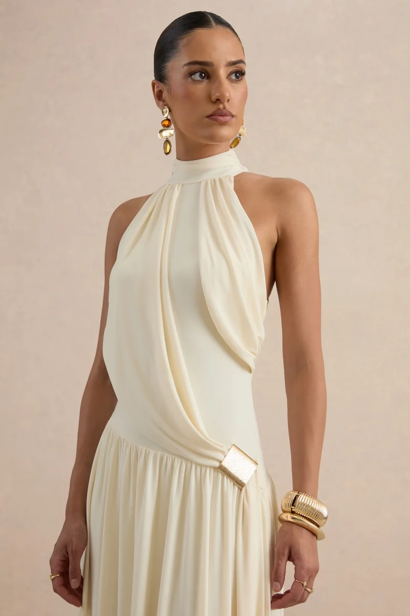 Sibel | Vestido Largo Crudo Cuello Alto Con Detalle Drapeado - Imagen 8