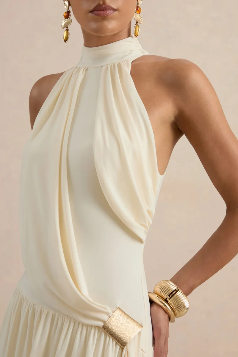 Sibel | Vestido Largo Crudo Cuello Alto Con Detalle Drapeado - Imagen 6