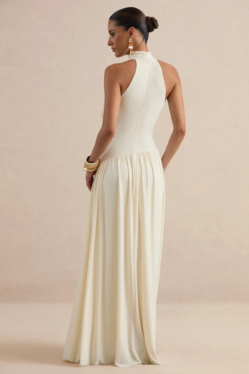 Sibel | Vestido Largo Crudo Cuello Alto Con Detalle Drapeado - Imagen 4