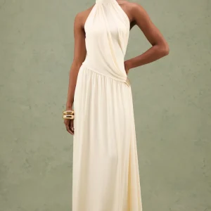 Sibel | Vestido Largo Crudo Cuello Alto Con Detalle Drapeado