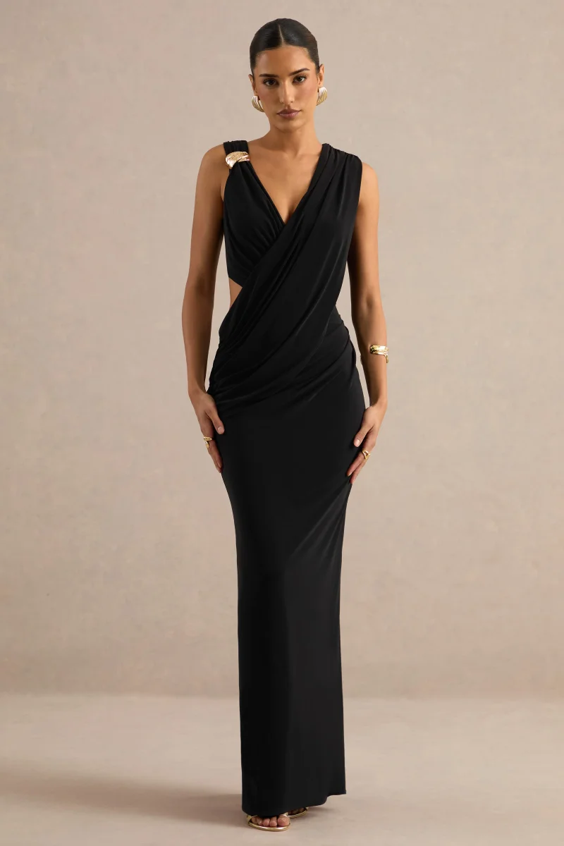 Tahlia | Vestido Largo Negro De Escote Pico Con Drapeado Y Detalle Dorado - Imagen 6