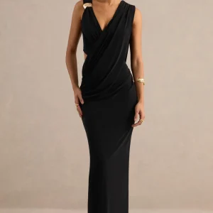 Tahlia | Vestido Largo Negro De Escote Pico Con Drapeado Y Detalle Dorado