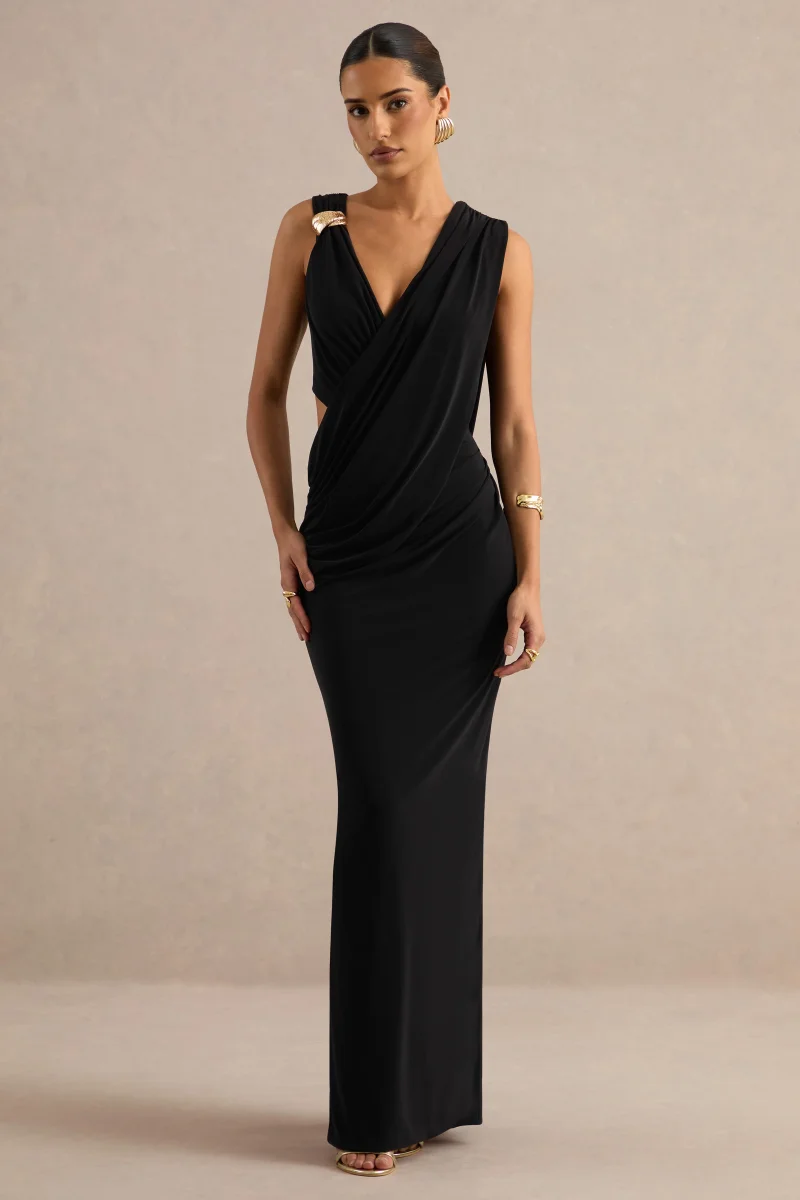 Tahlia | Vestido Largo Negro De Escote Pico Con Drapeado Y Detalle Dorado