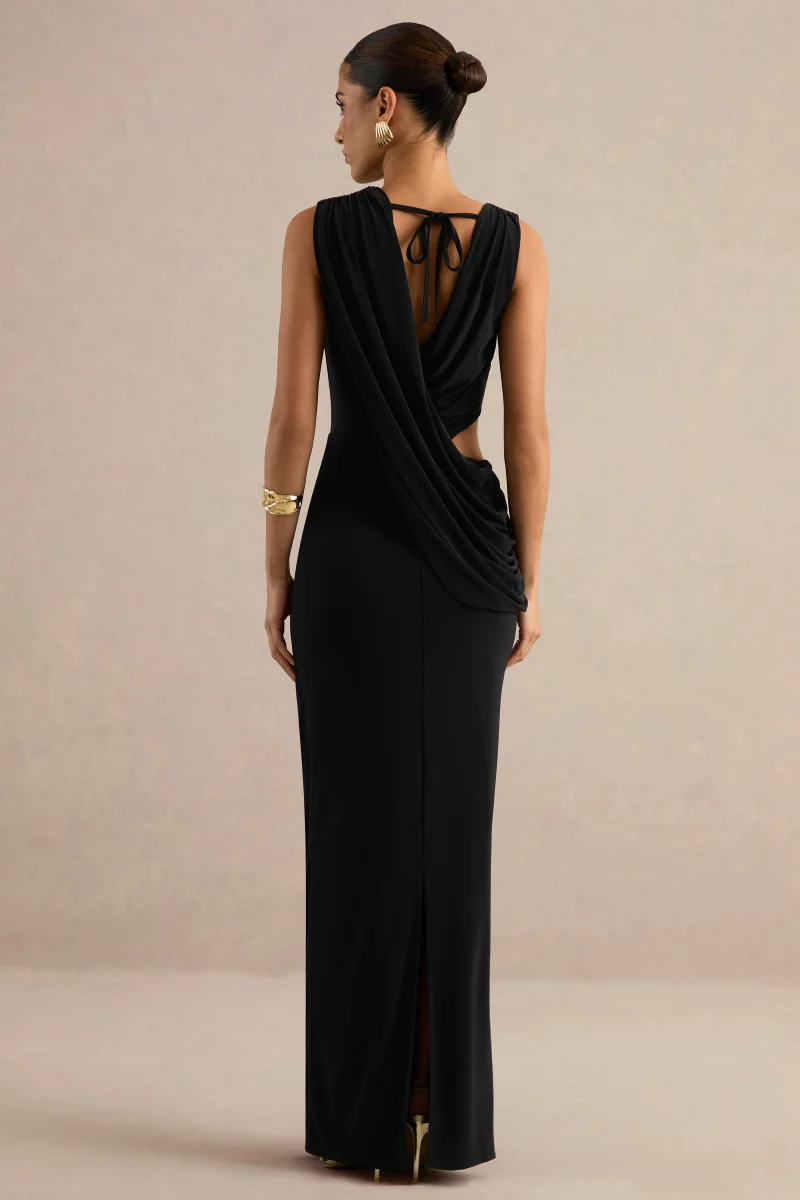 Tahlia | Vestido Largo Negro De Escote Pico Con Drapeado Y Detalle Dorado - Imagen 3