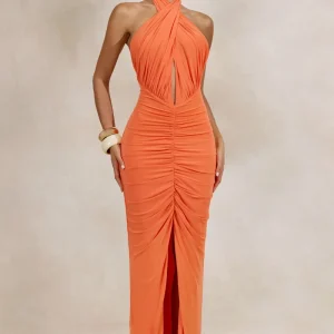 Alinor | Vestido Largo Naranja De Jersey Con Cuello Halter De Torsión Y Detalles Fruncidos