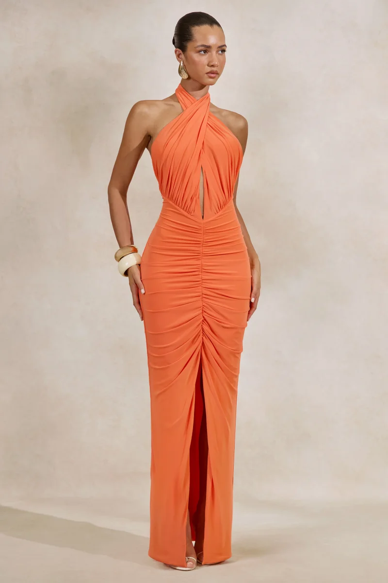Alinor | Vestido Largo Naranja De Jersey Con Cuello Halter De Torsión Y Detalles Fruncidos - Imagen 2