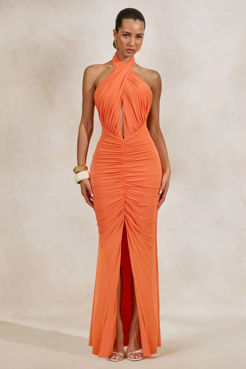 Alinor | Vestido Largo Naranja De Jersey Con Cuello Halter De Torsión Y Detalles Fruncidos - Imagen 5