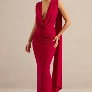 Aralyn | Vestido Largo Rojo con Escote Drapeado Pronunciado y Detalle de Faja
