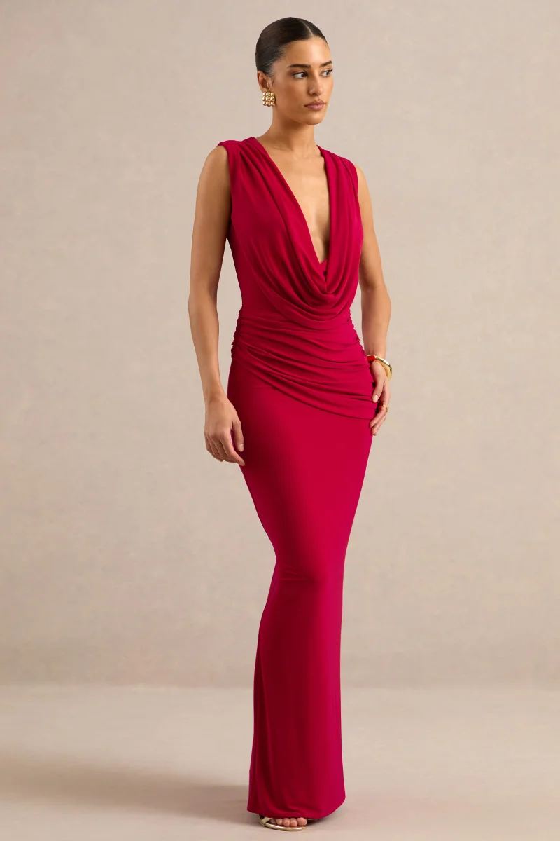 Aralyn | Vestido Largo Rojo con Escote Drapeado Pronunciado y Detalle de Faja - Imagen 4
