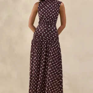 Kelis | Vestido Largo Marrón De Lunares De Jersey Con Cuello Alto Y Detalles Drapeados