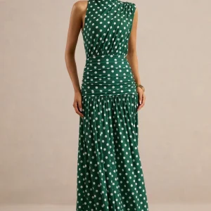 Kelis | Vestido Largo Verde De Lunares Con Cuello Alto Y Detalle Drapeado
