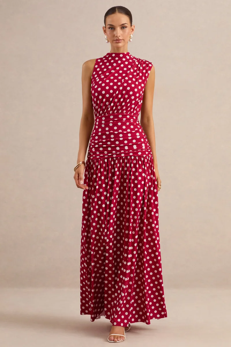 Kelis | Vestido largo rojo de lunares con cuello alto y detalle drapeado - Imagen 2