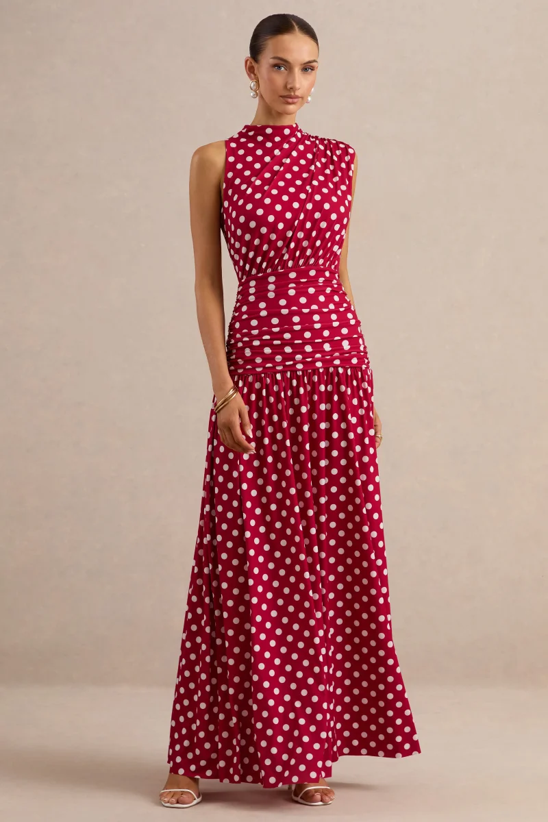 Kelis | Vestido largo rojo de lunares con cuello alto y detalle drapeado - Imagen 4
