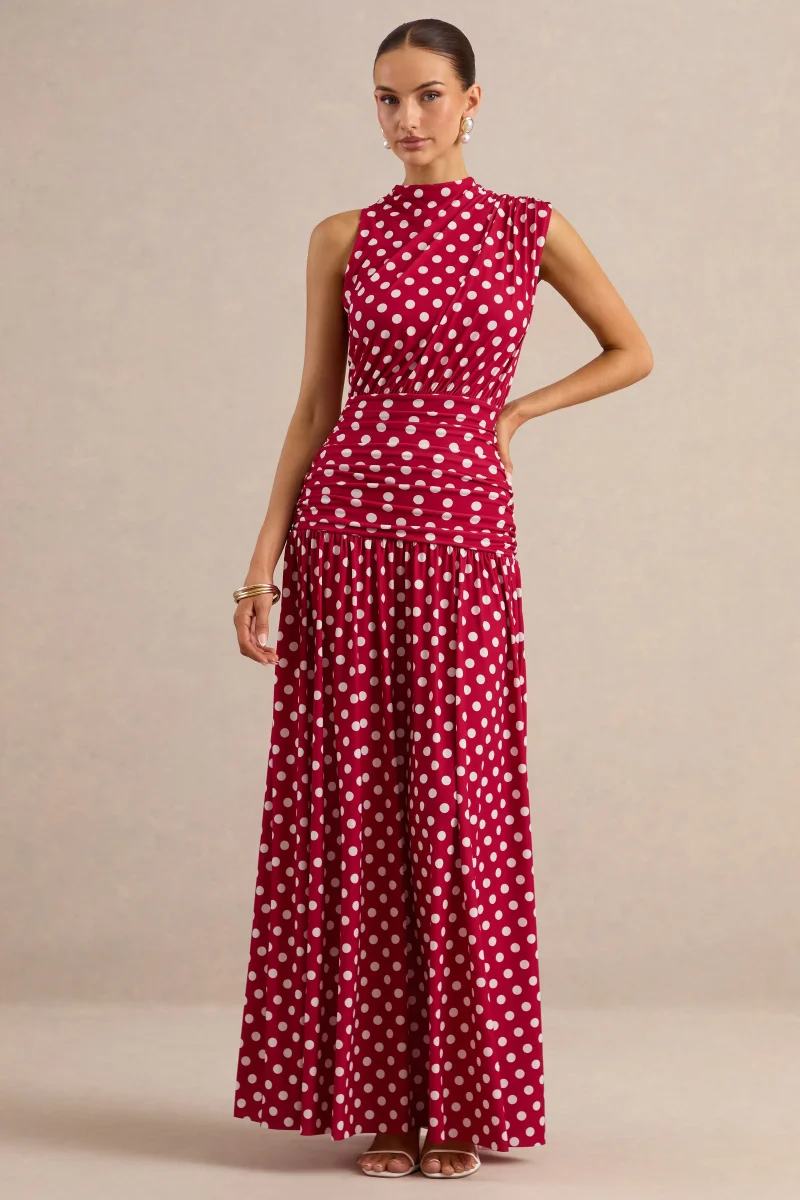 Kelis | Vestido largo rojo de lunares con cuello alto y detalle drapeado - Imagen 6