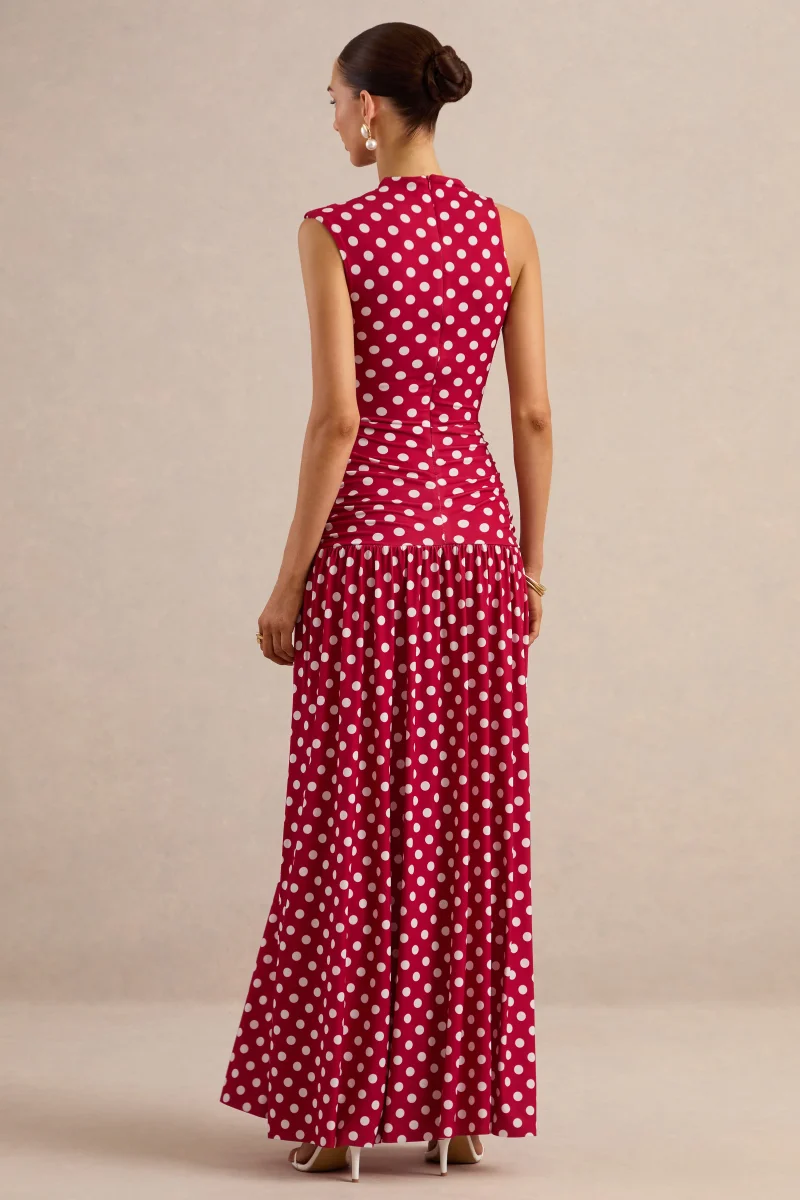 Kelis | Vestido largo rojo de lunares con cuello alto y detalle drapeado - Imagen 3