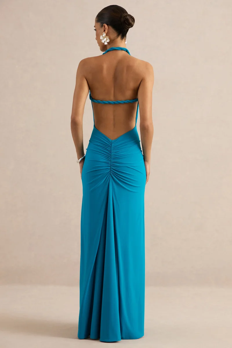 Elirae | Vestido Largo Azul Cobalto Con Escote Asimétrico, Tirante Retorcido Y Abertura Frontal - Imagen 2