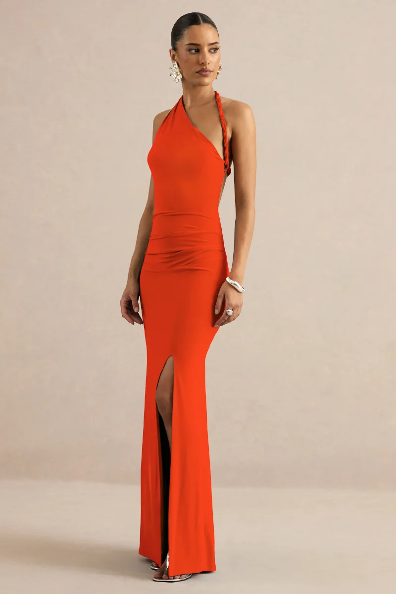 Elirae | Vestido Largo Naranja Con Escote Asimétrico, Tirante Retorcido Y Abertura Frontal - Imagen 4