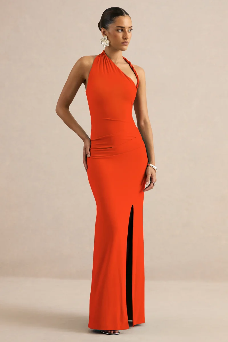 Elirae | Vestido Largo Naranja Con Escote Asimétrico, Tirante Retorcido Y Abertura Frontal - Imagen 3