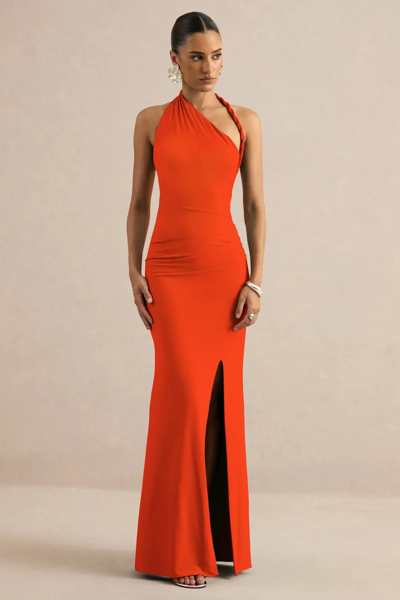 Elirae | Vestido Largo Naranja Con Escote Asimétrico, Tirante Retorcido Y Abertura Frontal - Imagen 6