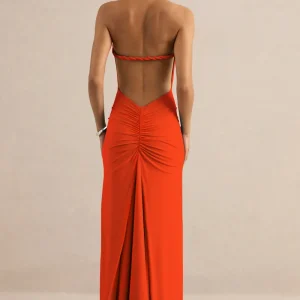 Elirae | Vestido Largo Naranja Con Escote Asimétrico, Tirante Retorcido Y Abertura Frontal