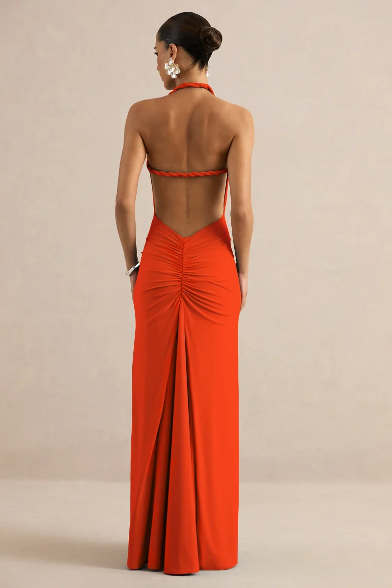 Elirae | Vestido Largo Naranja Con Escote Asimétrico, Tirante Retorcido Y Abertura Frontal