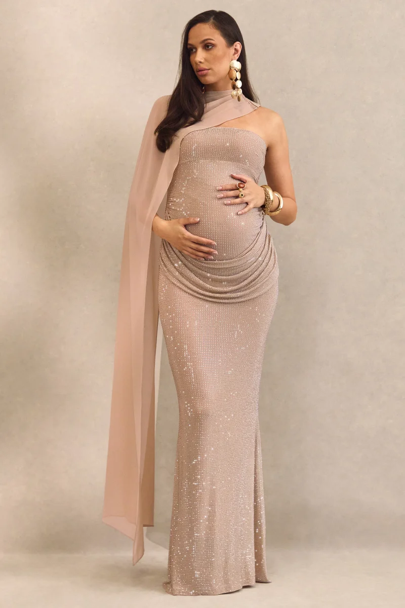 Ottoline | Vestido Maxi Premamá Champán De Cuello Asimétrico Con Capa Transparente