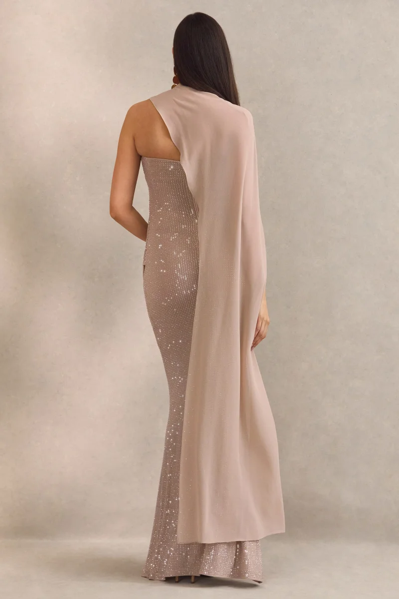 Ottoline | Vestido Maxi Premamá Champán De Cuello Asimétrico Con Capa Transparente - Imagen 3