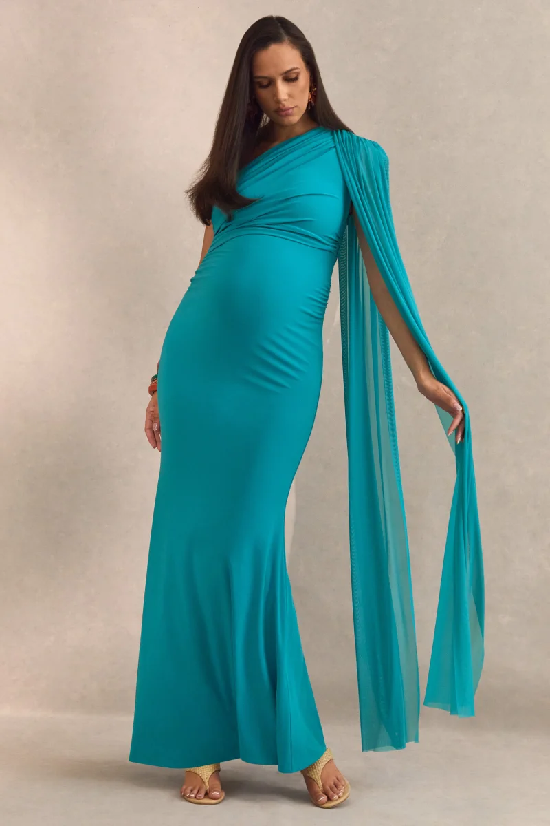Aylena | Vestido largo de maternidad turquesa con escote asimétrico y banda desmontable - Imagen 2