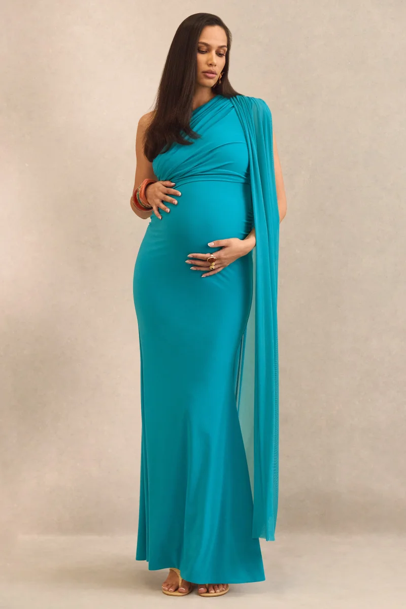 Aylena | Vestido largo de maternidad turquesa con escote asimétrico y banda desmontable - Imagen 5