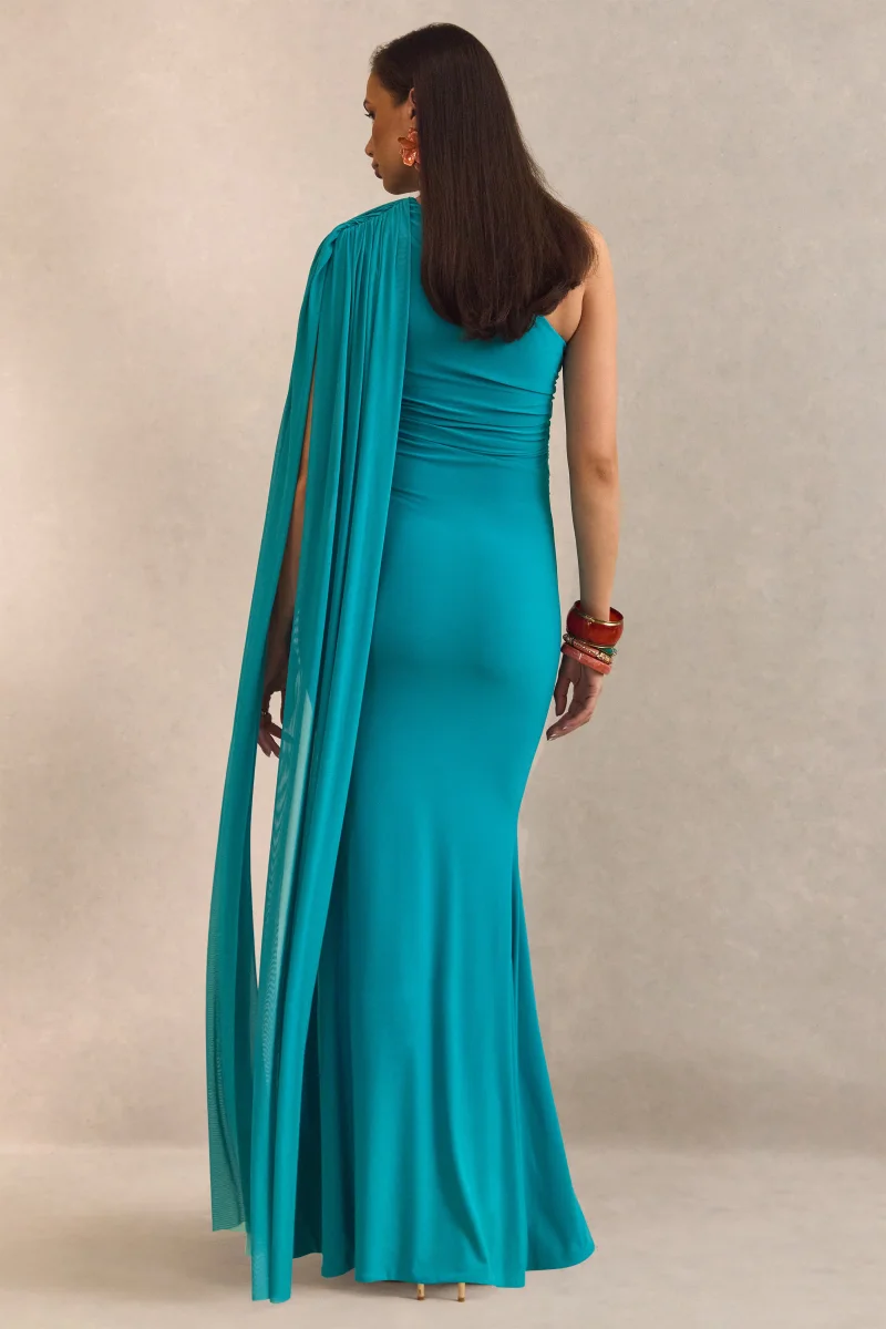 Aylena | Vestido largo de maternidad turquesa con escote asimétrico y banda desmontable - Imagen 3
