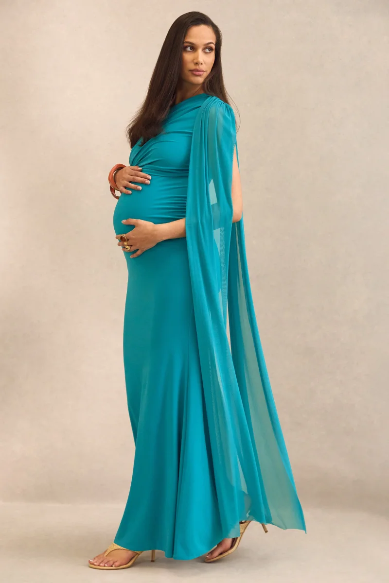 Aylena | Vestido largo de maternidad turquesa con escote asimétrico y banda desmontable - Imagen 6