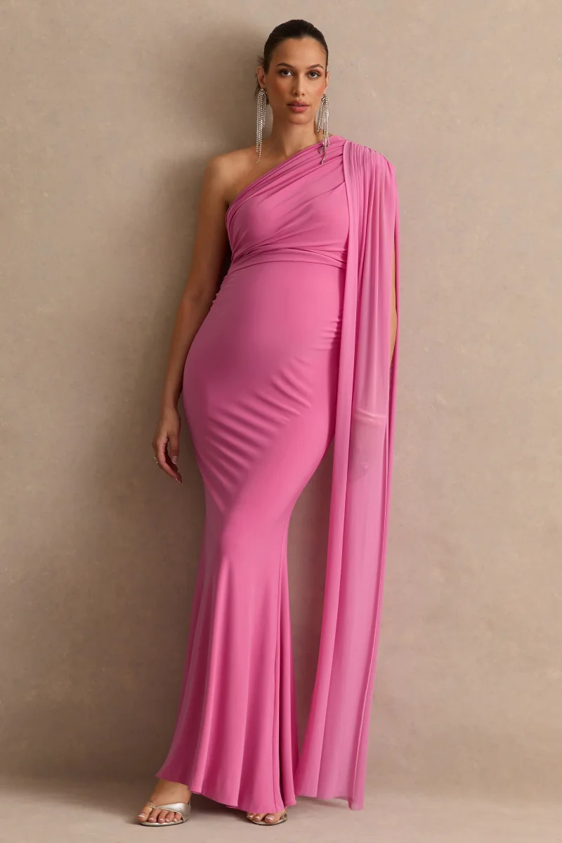 Aylena | Vestido Largo Premamá Rosa Con Escote Asimétrico Y Detalle De Sash - Imagen 2