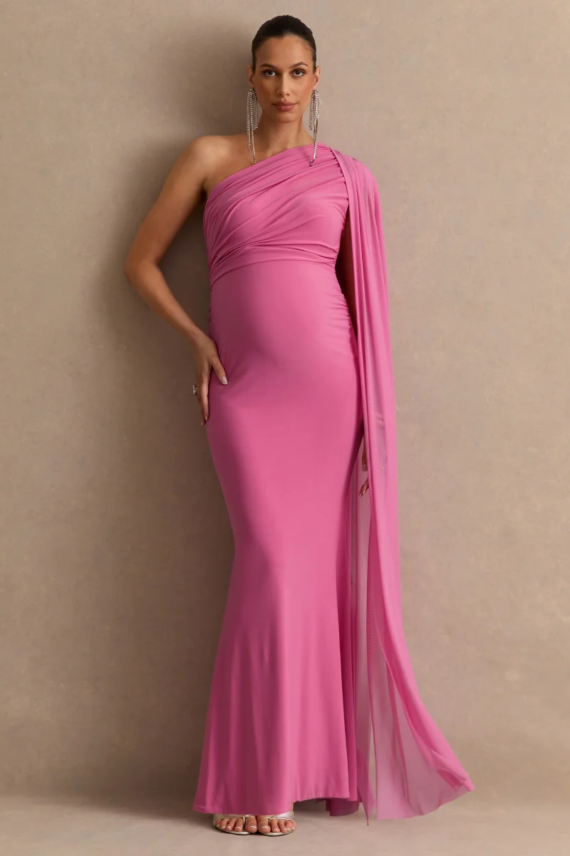 Aylena | Vestido Largo Premamá Rosa Con Escote Asimétrico Y Detalle De Sash - Imagen 7