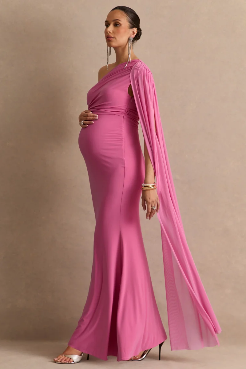 Aylena | Vestido Largo Premamá Rosa Con Escote Asimétrico Y Detalle De Sash - Imagen 4