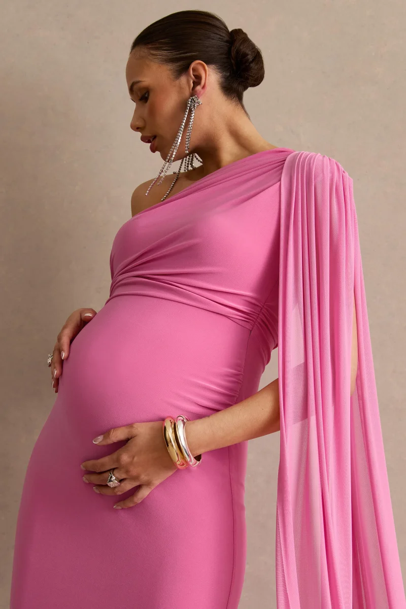 Aylena | Vestido Largo Premamá Rosa Con Escote Asimétrico Y Detalle De Sash - Imagen 6